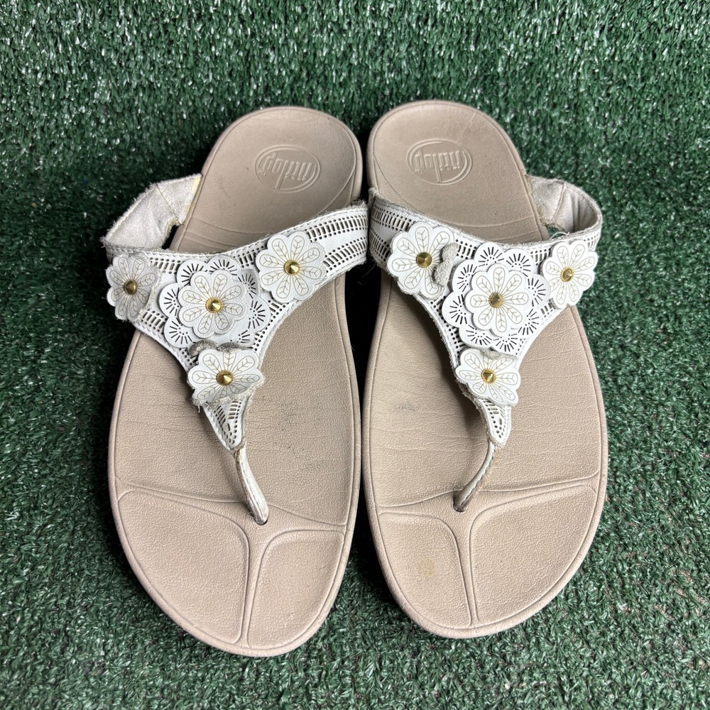 FitFlop Fiorella Leather Thong Wedge Platform Comfort Sandals White Womens Sz 10